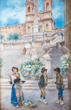 19th Century Watercolour Ettore Ascenzi "The Spanish Steps"