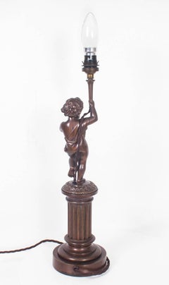 Early 20th Century French Patinated Bronze Cherub Table Lamp