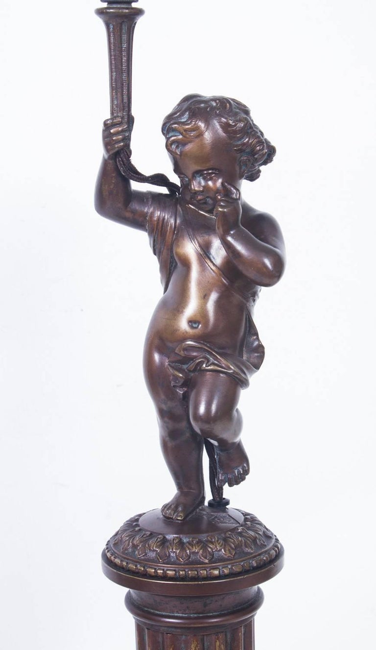 Early 20th Century French Patinated Bronze Cherub Table Lamp For Sale at 1stdibs