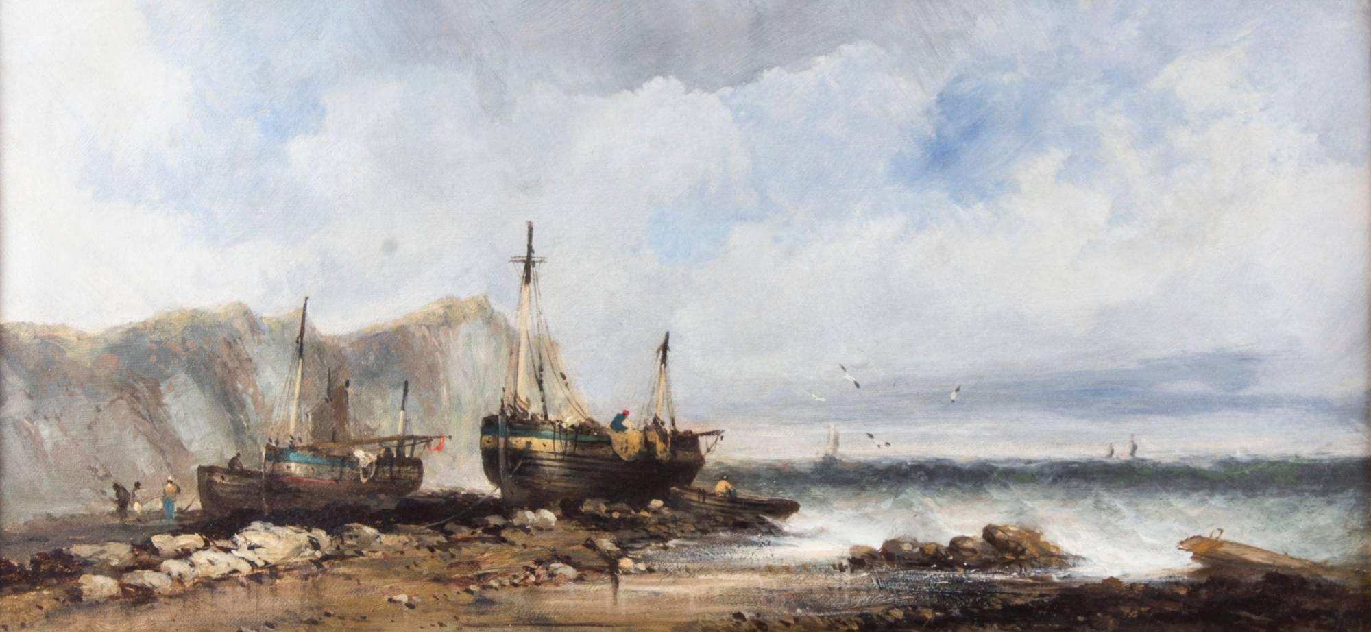Mid-19th Century Antique Pair of Seascape Oil Paintings Fishing Boats, 19th Century For Sale