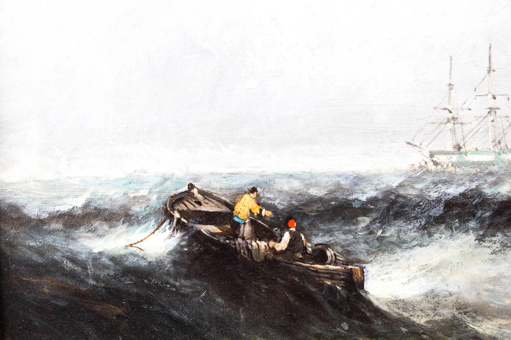 Toile Paire de peintures à l'huile anciennes représentant des bateaux de pêche, 19ème siècle en vente
