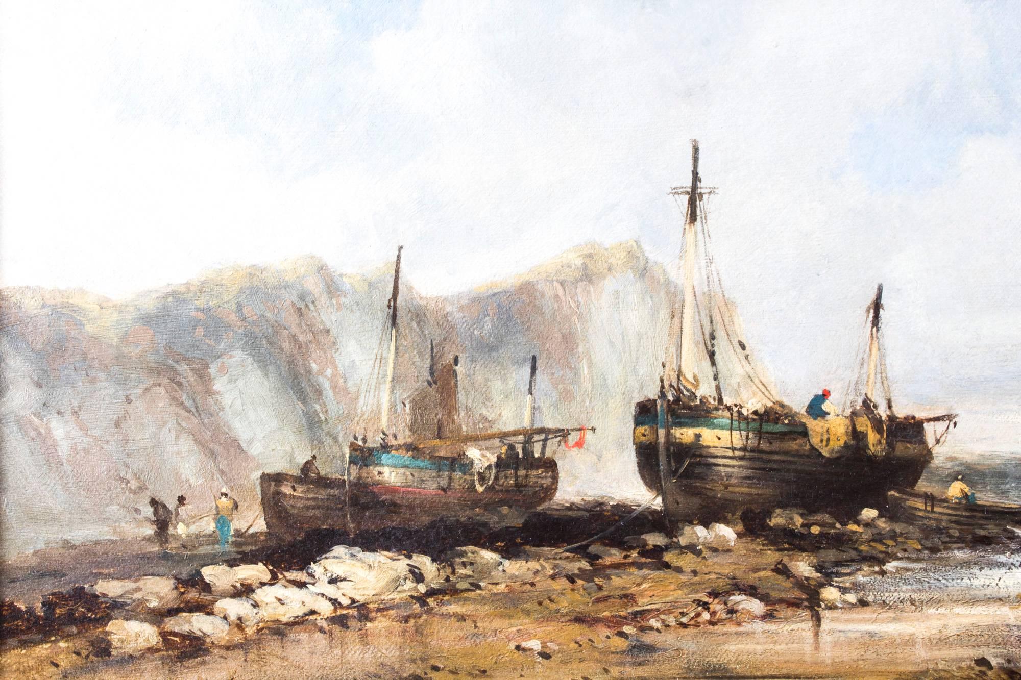 Paire de peintures à l'huile anciennes représentant des bateaux de pêche, 19ème siècle en vente 3