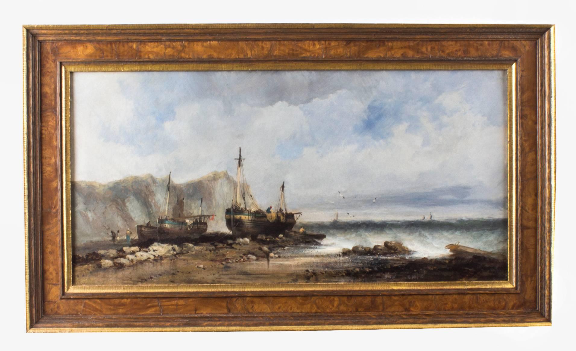 Paire de peintures à l'huile anciennes représentant des bateaux de pêche, 19ème siècle en vente 1