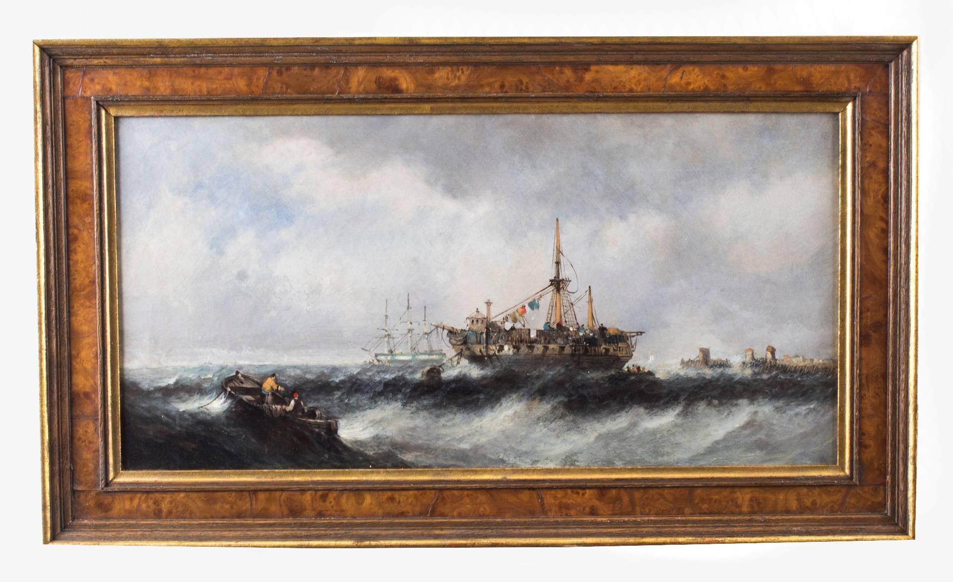 A wonderful pair of seascape paintings of fishing boats attributed to William Mcalpine (British 19th century) titled 'Beached Fishing Vessels' and 'Shipping in Rough Seas', circa 1860 in date.
 
This is a pair of sensitively painted waterscapes of