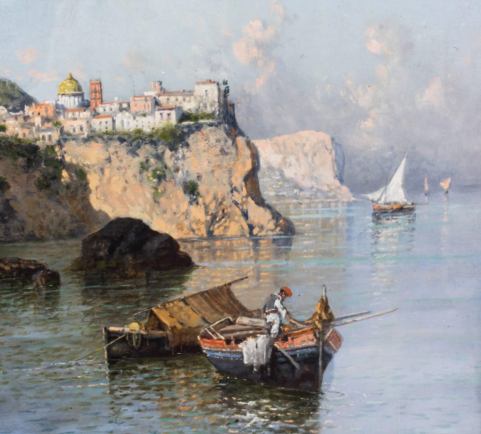 Italian Antique Oil Painting Giuseppe Carelli Fishing Boats off the Coast 19th Century