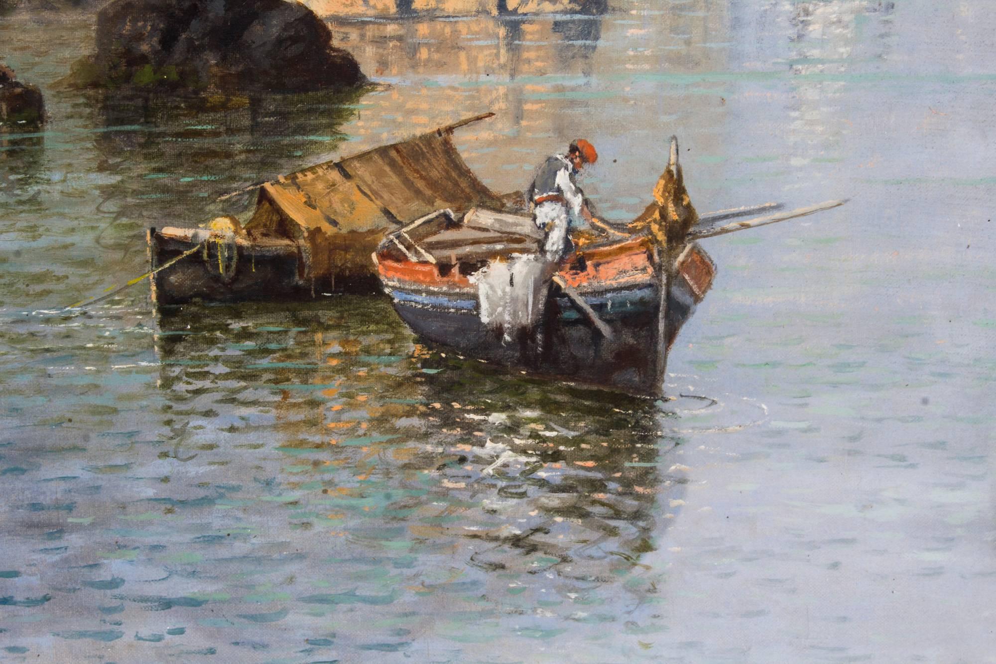 Antique Oil Painting Giuseppe Carelli Fishing Boats off the Coast 19th Century In Excellent Condition In London, GB