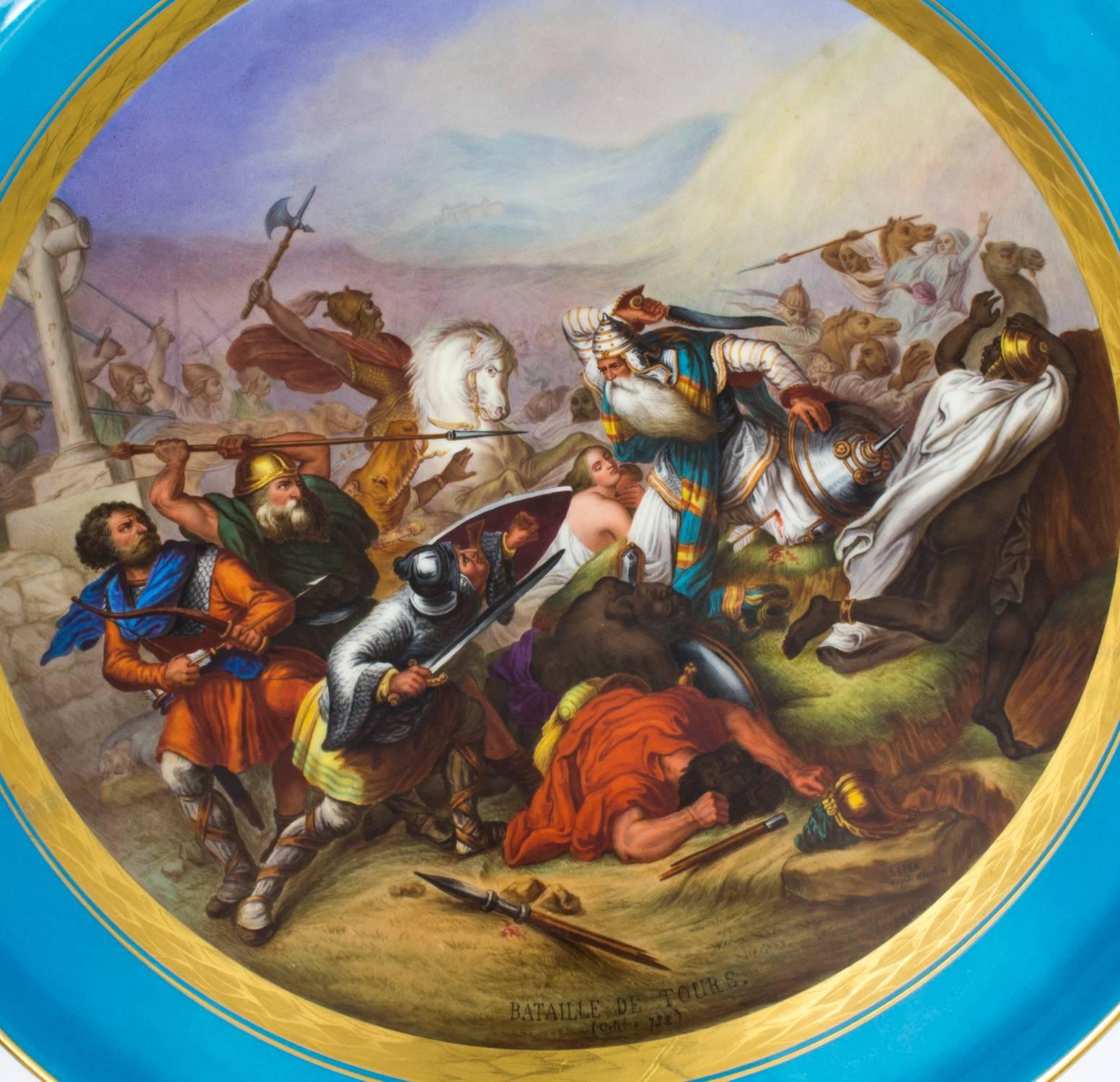 This is a important large decorative antique French Sevres porcelain plaque featuring the Battle of Tours, the rear with Sevres mark for 1753.
 
It has a striking Bleu Celeste and gilt tooled border with a central panel that is superbly painted
