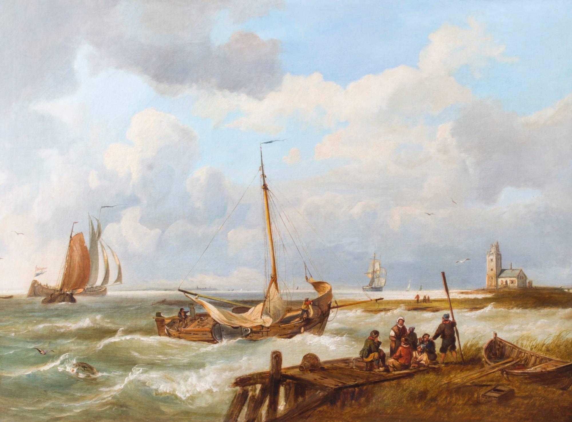 This is a beautiful Dutch antique oil on canvas seascape painting of a stunning coastal scene, circle of Hermanus Koekkoek, circa 1850.

This lovely painting features cloudy skies, fisherfolk on a landing with vessels sailing past and a light house