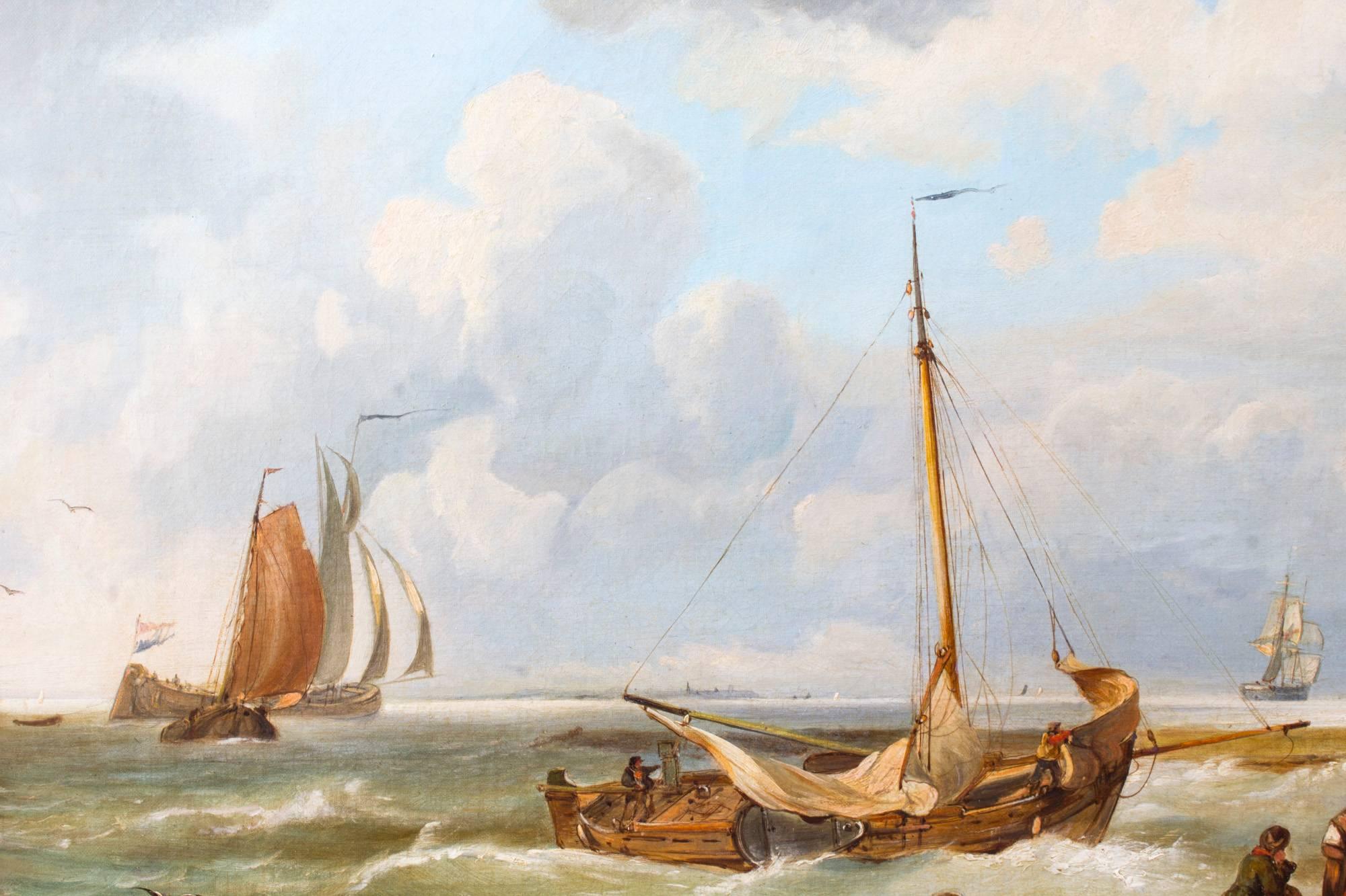 19th Century Dutch Oil on Canvas Painting of a Coastal Scene In Excellent Condition In London, GB