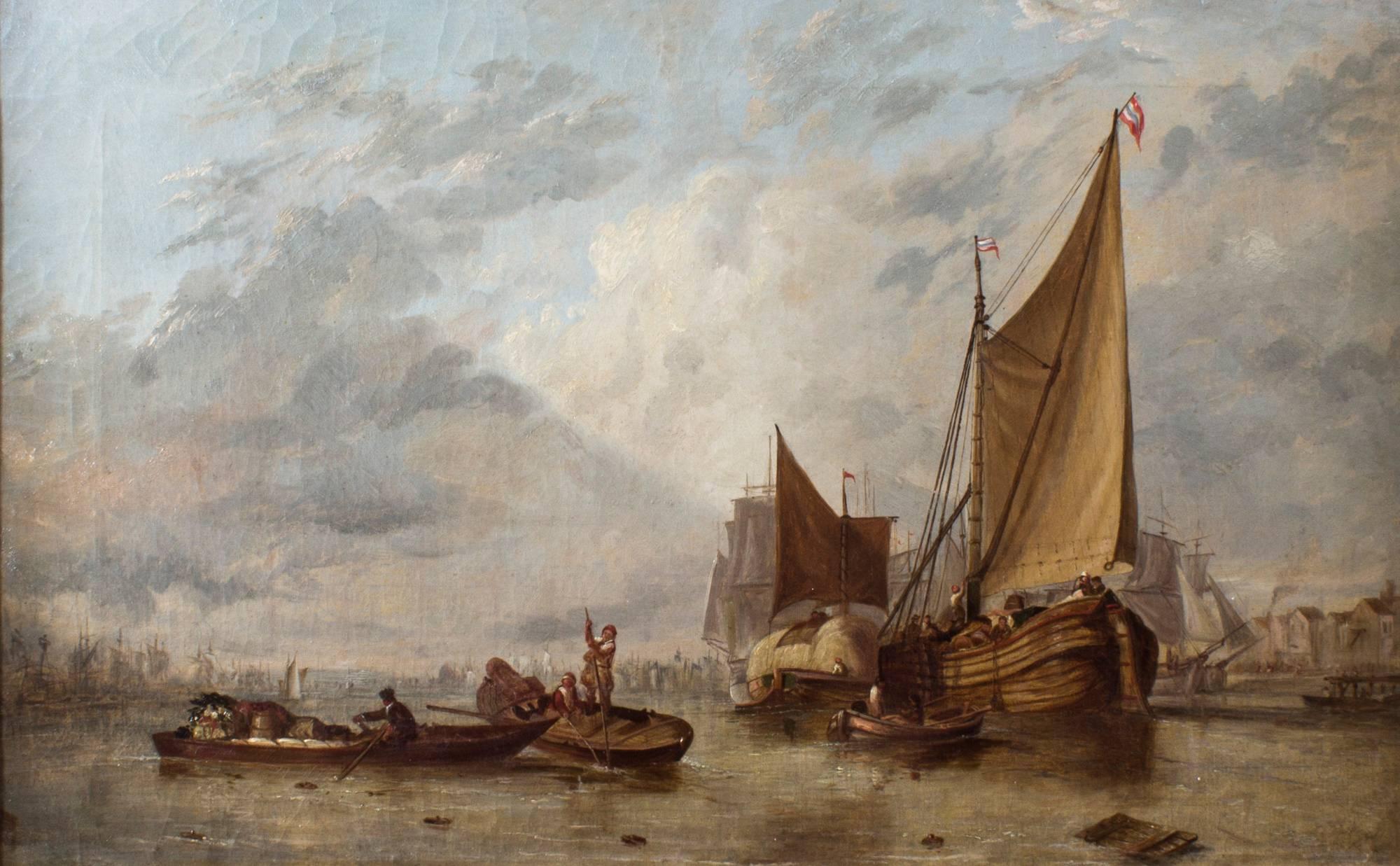 This is a beautiful Dutch antique oil on canvas seascape painting of boats on an estuary, circle of Hermans Koekkoek, circa 1860.

This painting features cloudy skies with cargo ships being unloaded with a town in the distance.

The colors are