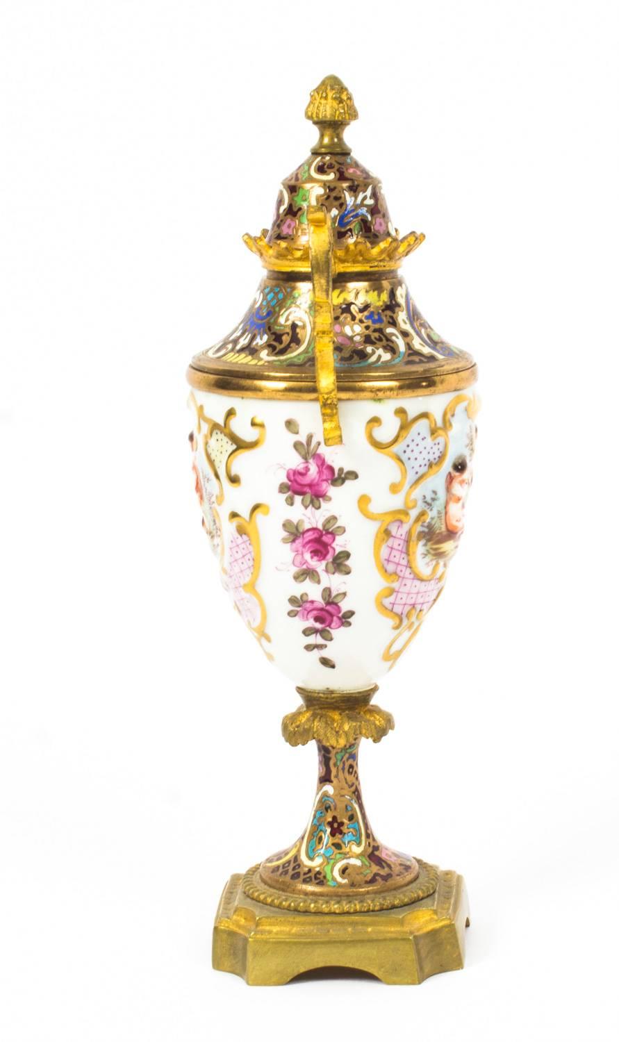 Late 19th Century Antique Pair of Capodimonte Champleve Enamel and Gilt Bronze Urns, 19th Century