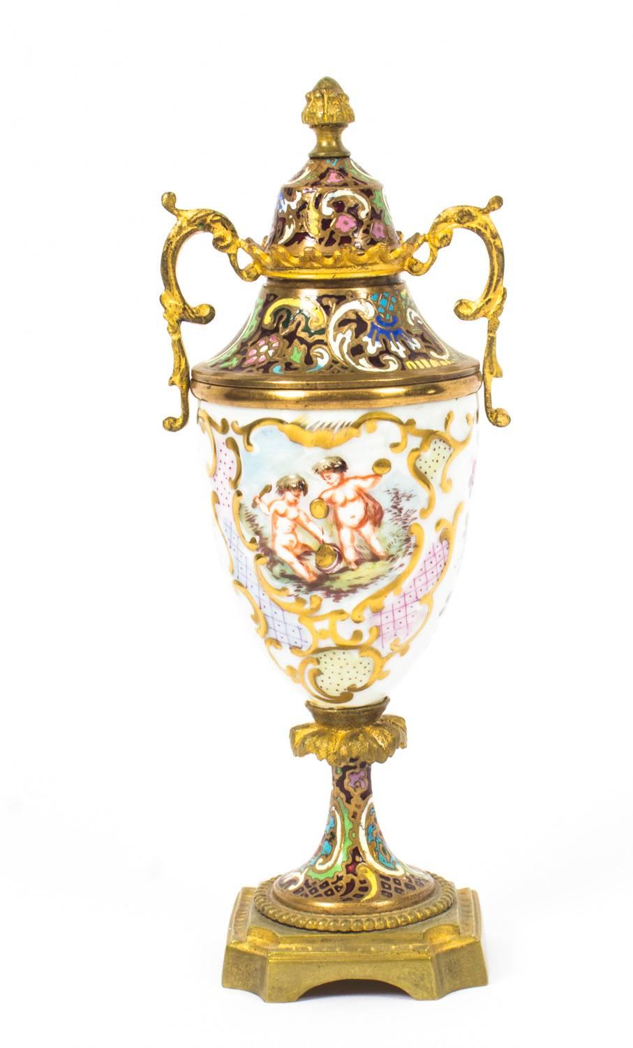 Porcelain Antique Pair of Capodimonte Champleve Enamel and Gilt Bronze Urns, 19th Century