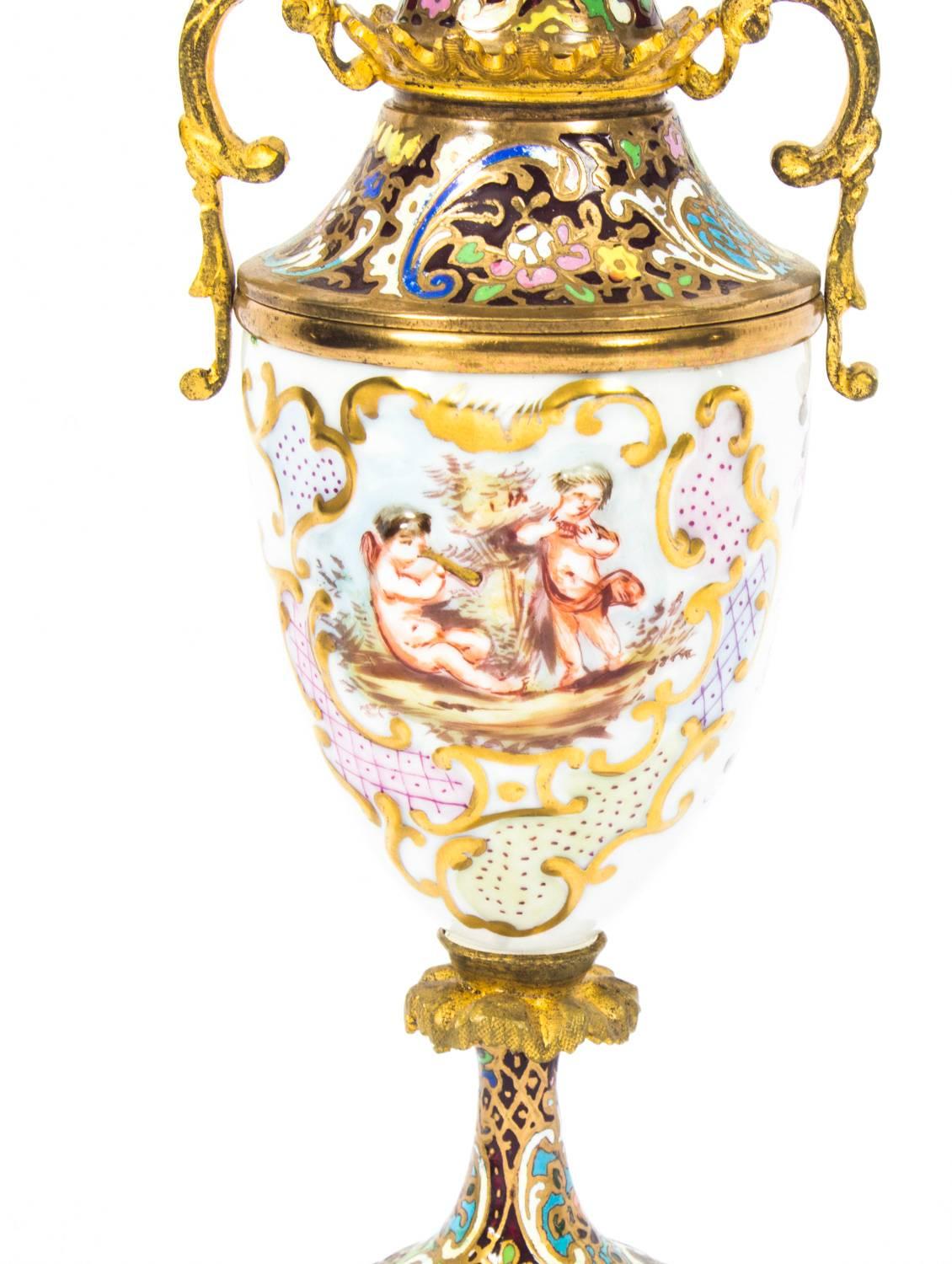 Antique Pair of Capodimonte Champleve Enamel and Gilt Bronze Urns, 19th Century In Excellent Condition In London, GB