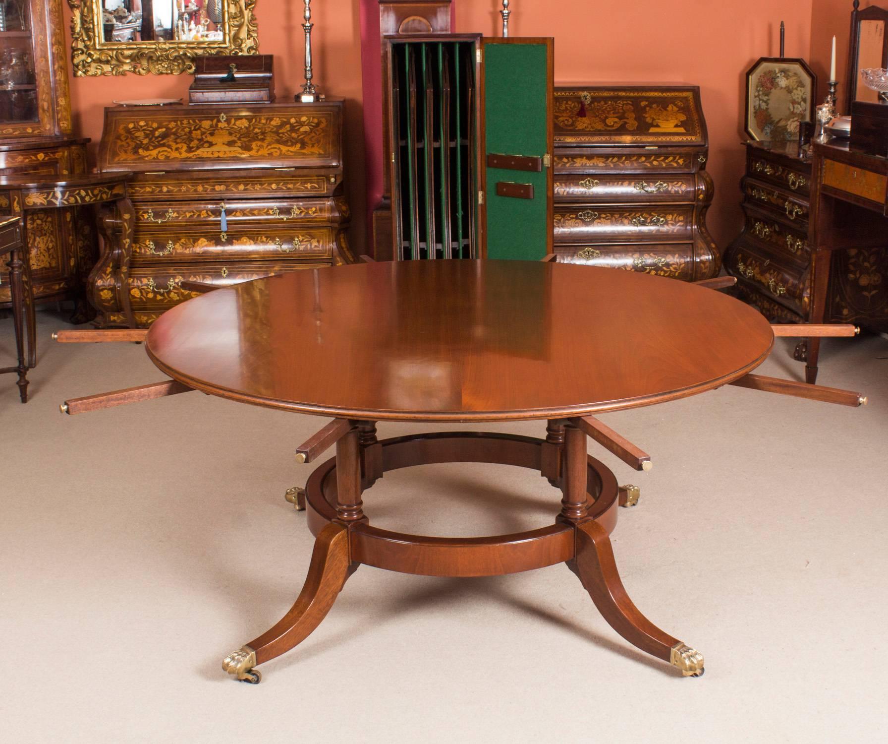 Regency Revival Vintage Mahogany Jupe Dining Table and Leaf Cabinet, Mid-20th Century