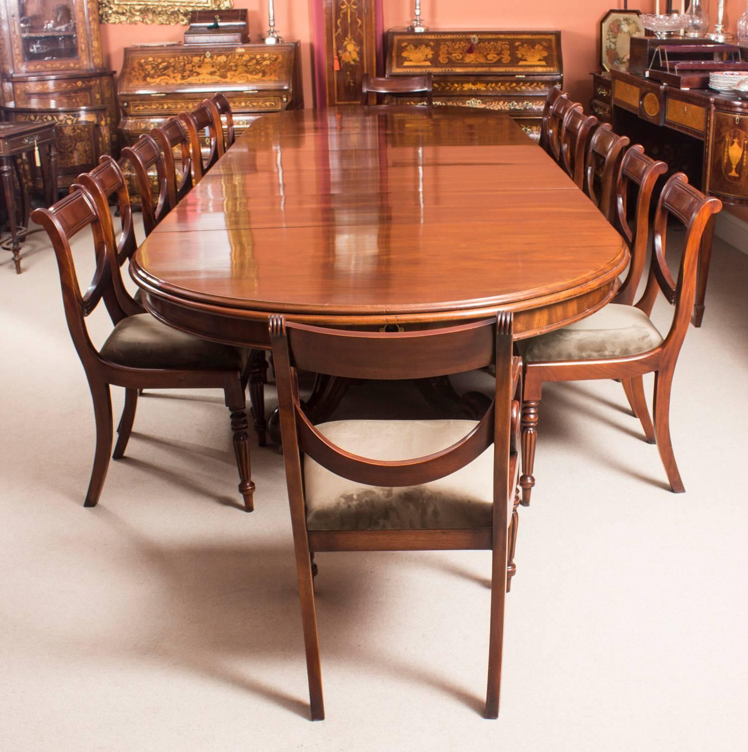 A fantastic and rare antique early Victorian dining set, comprising a 14ft dining table, circa 1865 in date and 14 bespoke mahogany dining chairs.
There is no mistaking the style and sophisticated design of this exquisite and rare English antique
