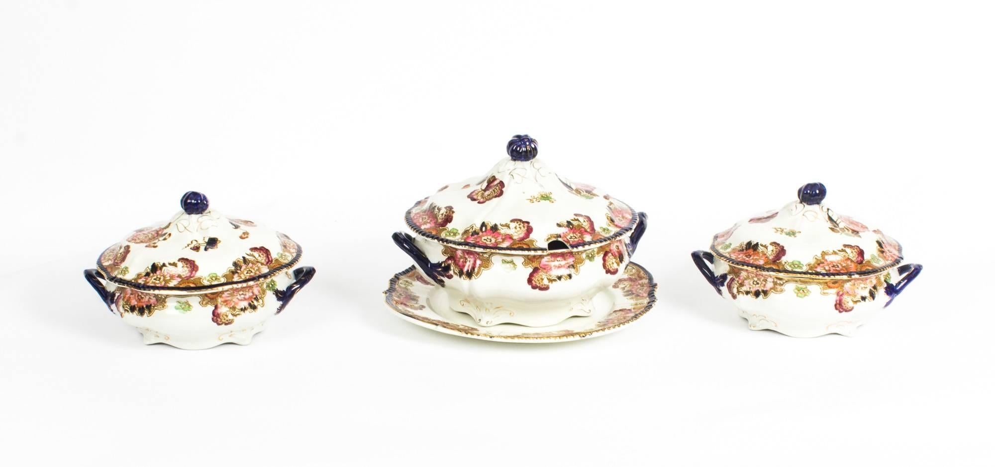 An boldly decorated 64 piece Cambridge Pattern part dinner service by Wood & Sons, circa 1865 in date.

The vibrant Cambridge pattern depicting both flowers and patterns, printed in underglaze ochre with hand painted cobalt edges, maroon, pink
