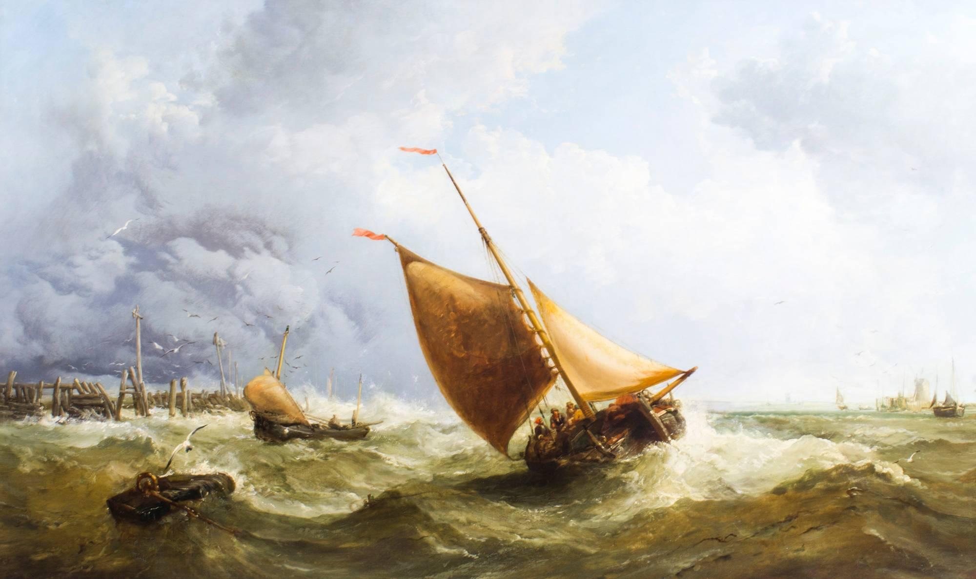 This is a beautiful large and highly decorative antique oil on canvas painting by James Webb (British, 1825-1895) signed and dated 1866.

The marine view features the dramatic scene of fishing boats smacking against 
large waves in rough seas of