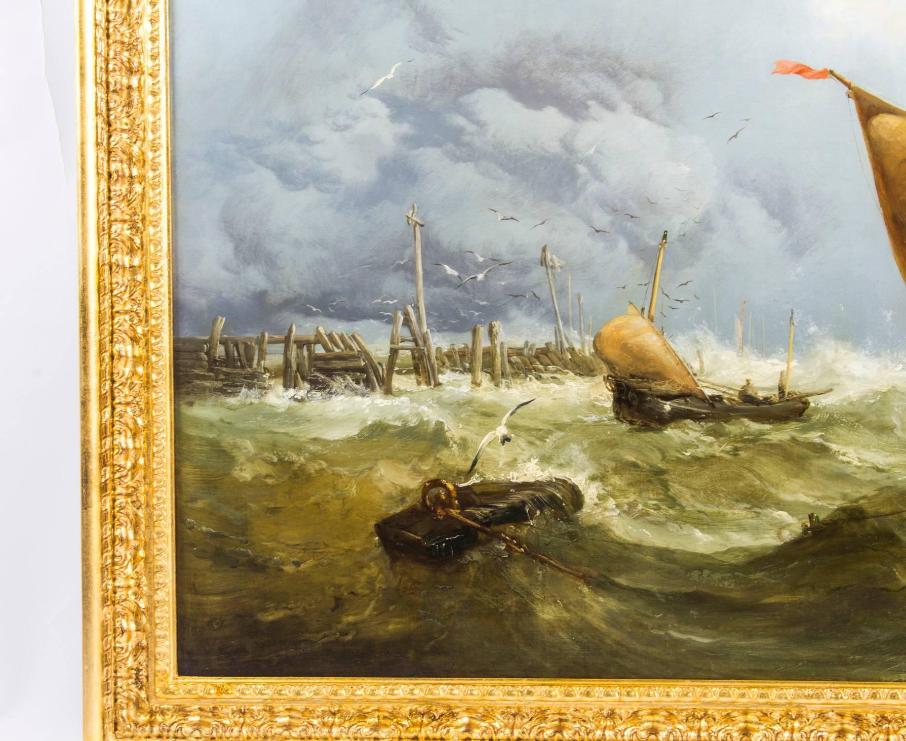 English Antique Painting Large by James Webb Fishing Smack in Rough Seas, 1866