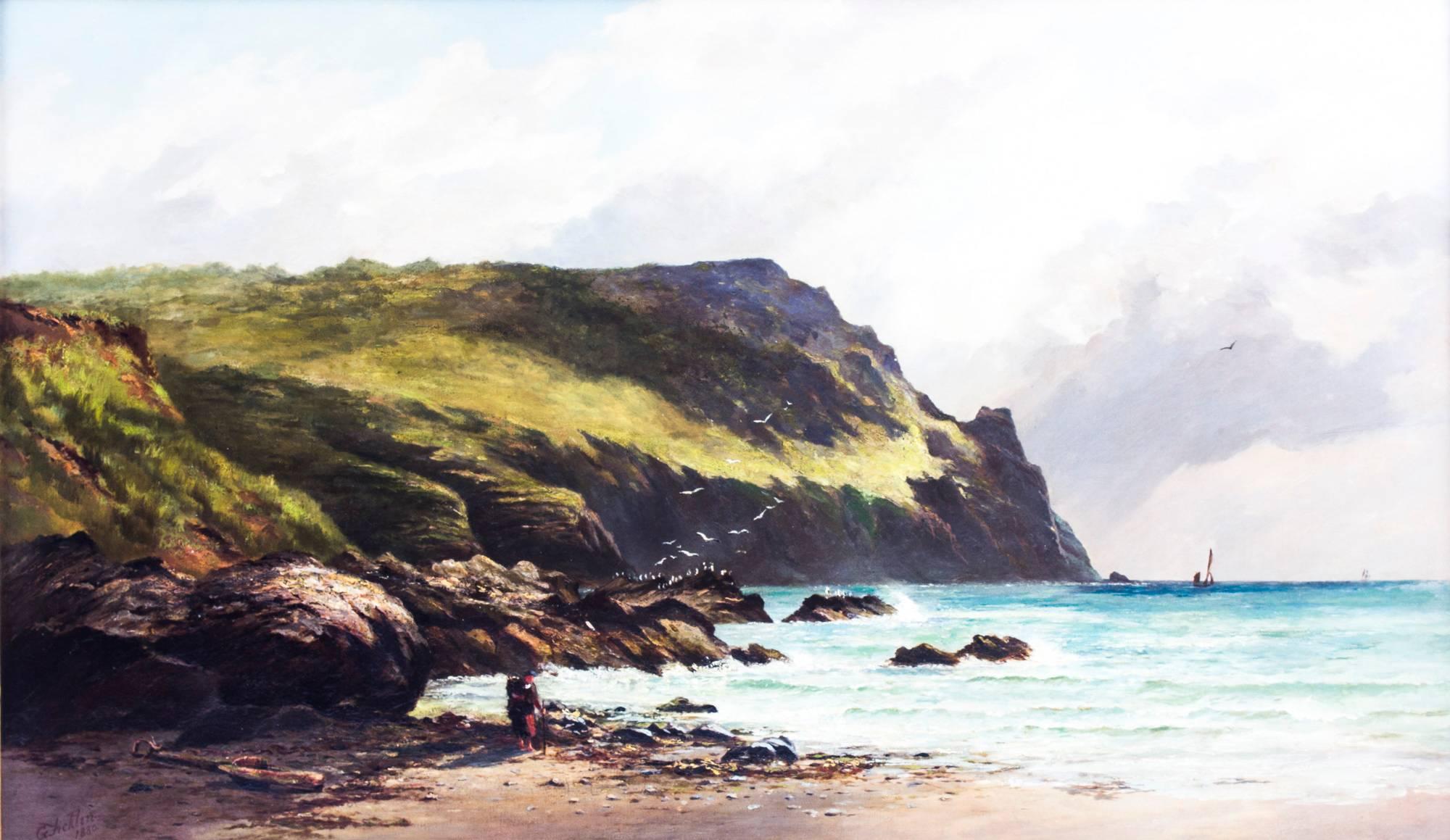 This is a beautiful antique oil on canvas painting titled 'Penzance' by George Ficklin, signed lower left and dated 1880 with the original label verso.
 
This painting depicting a figure in a coastal landscape against the rugged hills of Penzance.