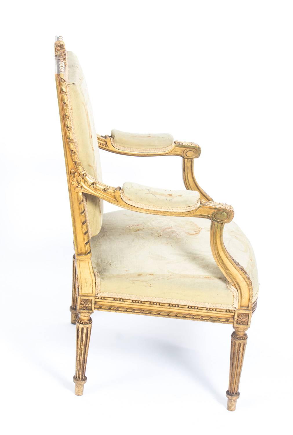 Antique Pair of Louis XVI Style Giltwood Armchairs, Late 19th Century 4