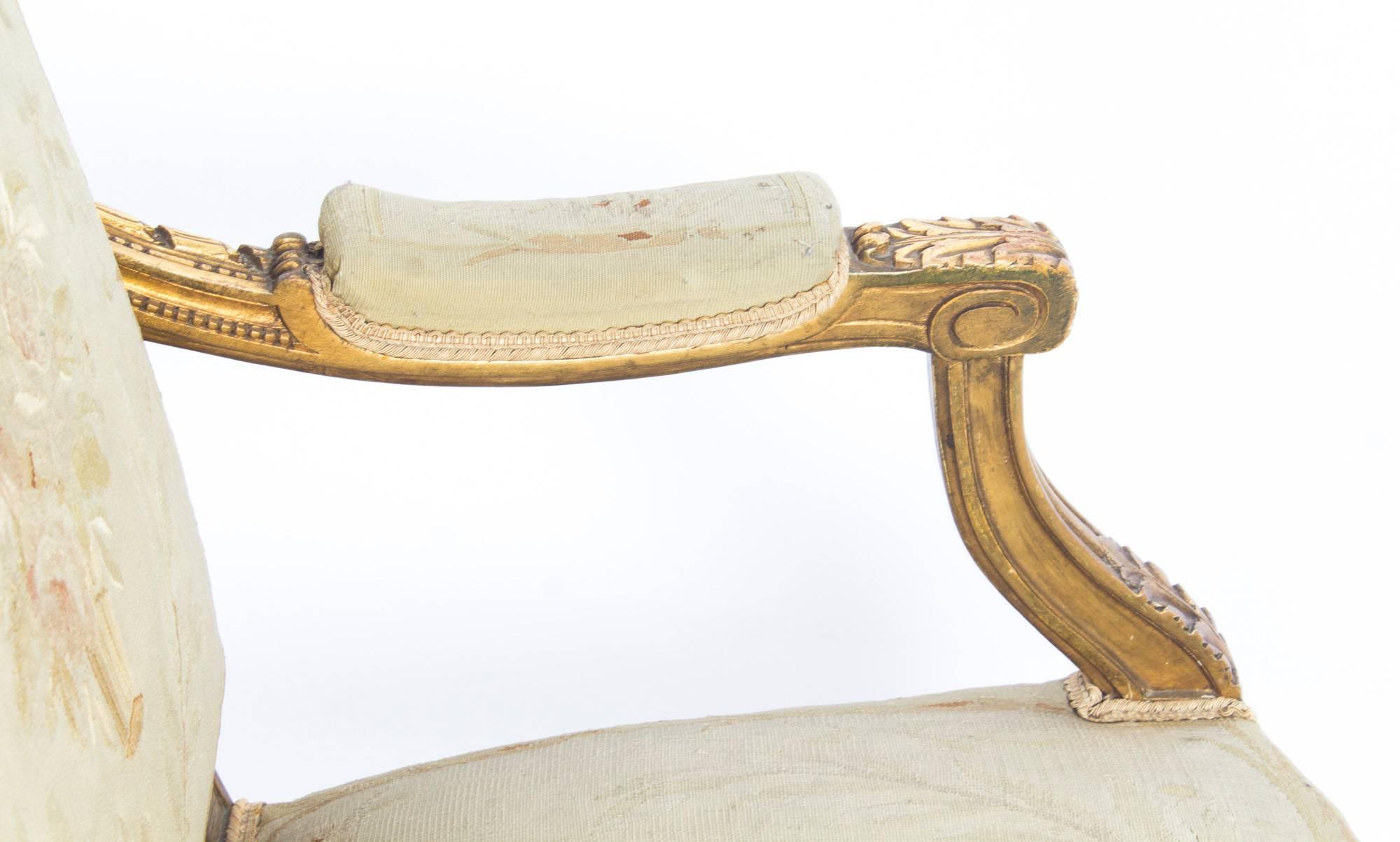 Antique Pair of Louis XVI Style Giltwood Armchairs, Late 19th Century 5