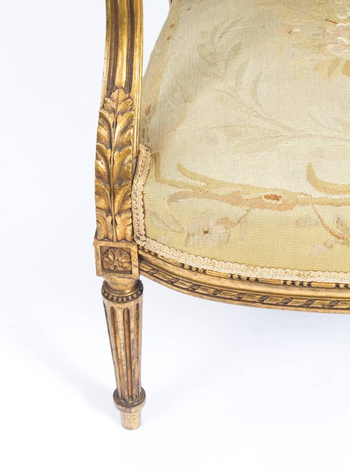 Antique Pair of Louis XVI Style Giltwood Armchairs, Late 19th Century 3
