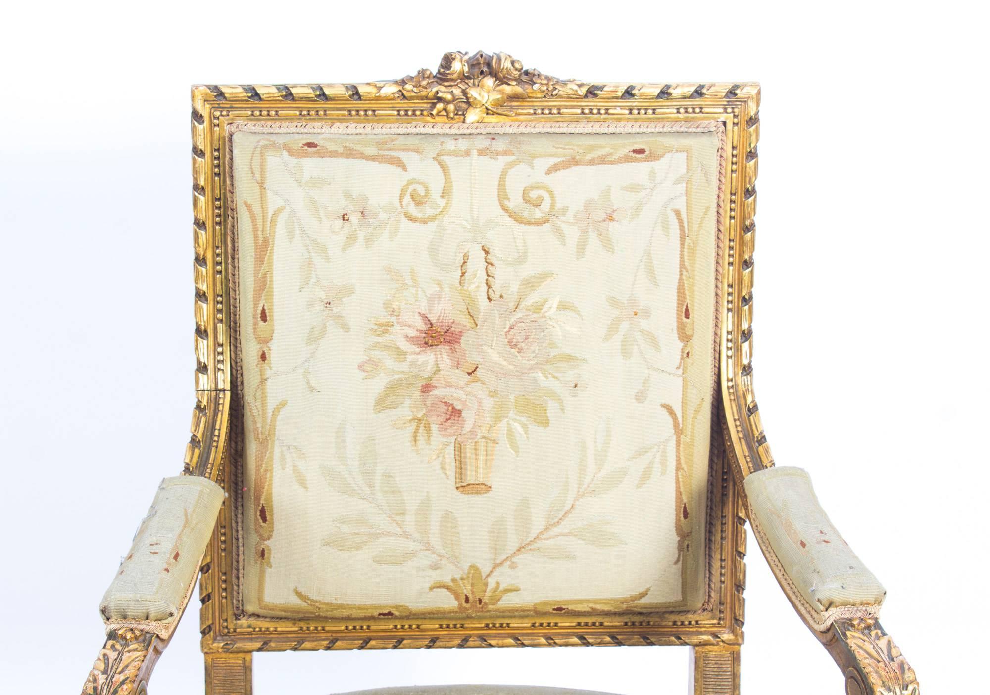 Tapestry Antique Pair of Louis XVI Style Giltwood Armchairs, Late 19th Century