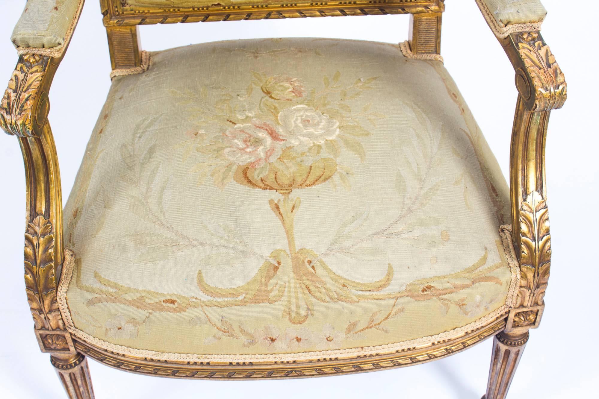 Antique Pair of Louis XVI Style Giltwood Armchairs, Late 19th Century 2
