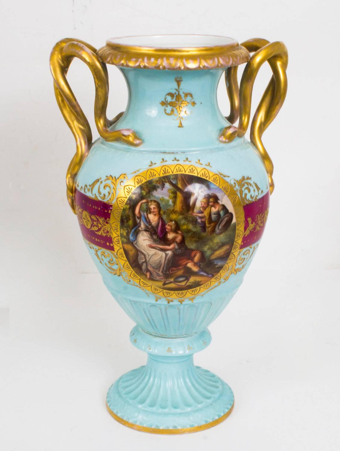 Late 19th Century 19th Century Pair of Vienna Porcelain Bleu Celeste Twin Handled Vases