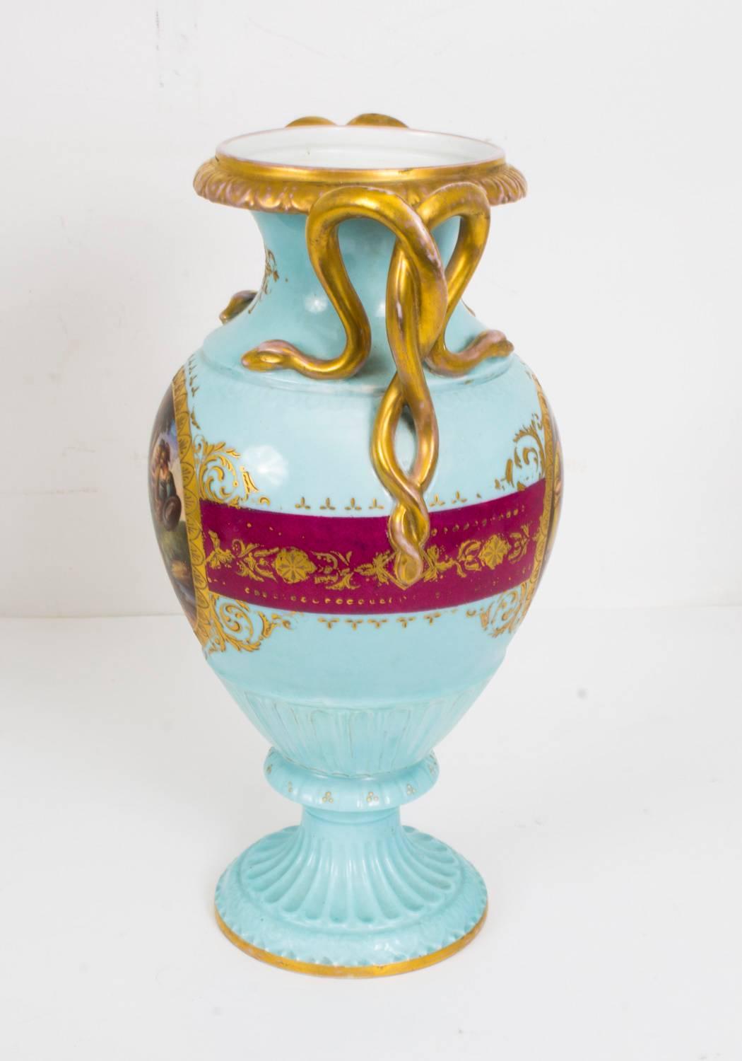 19th Century Pair of Vienna Porcelain Bleu Celeste Twin Handled Vases In Excellent Condition In London, GB
