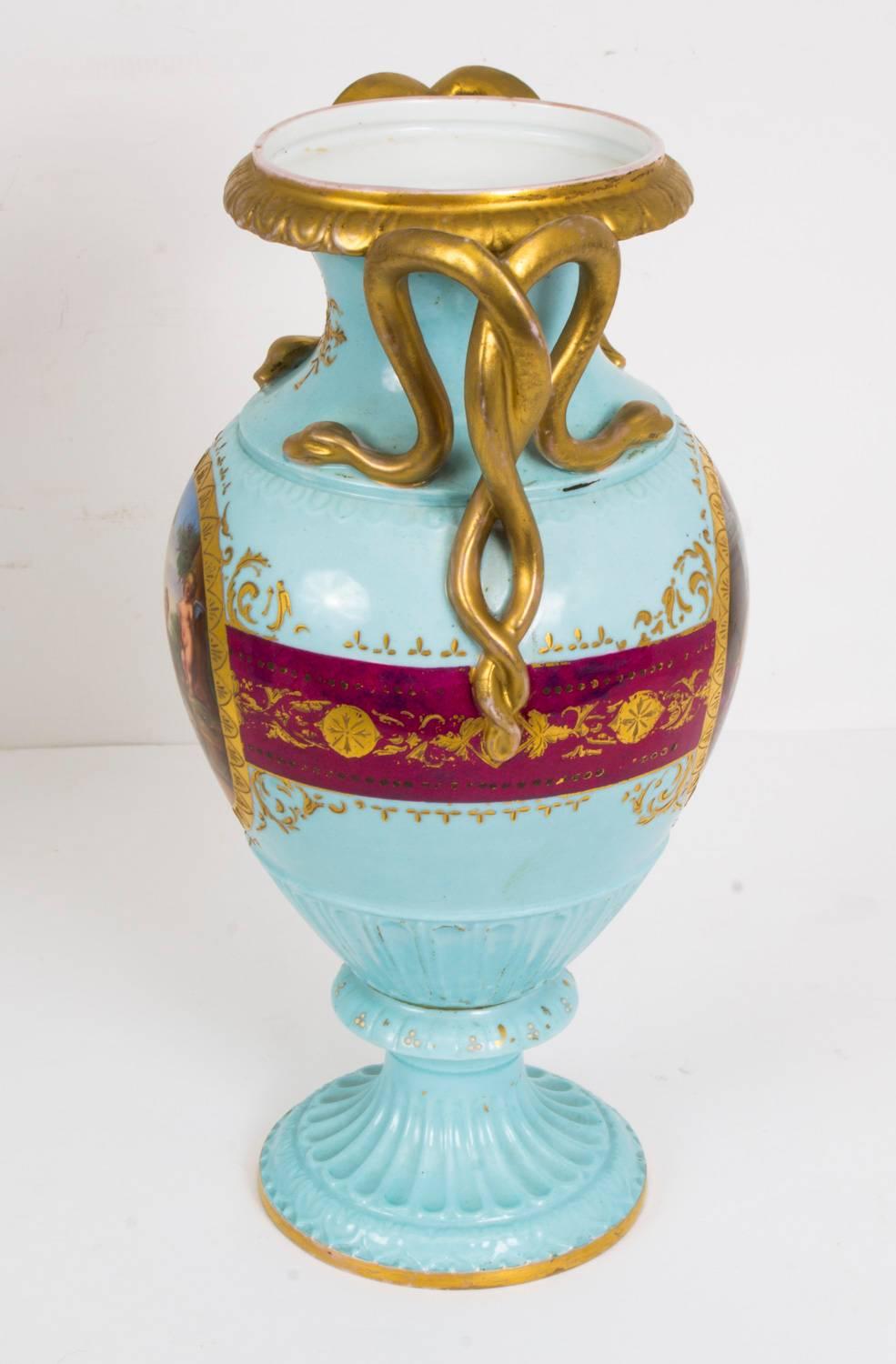 19th Century Pair of Vienna Porcelain Bleu Celeste Twin Handled Vases 4