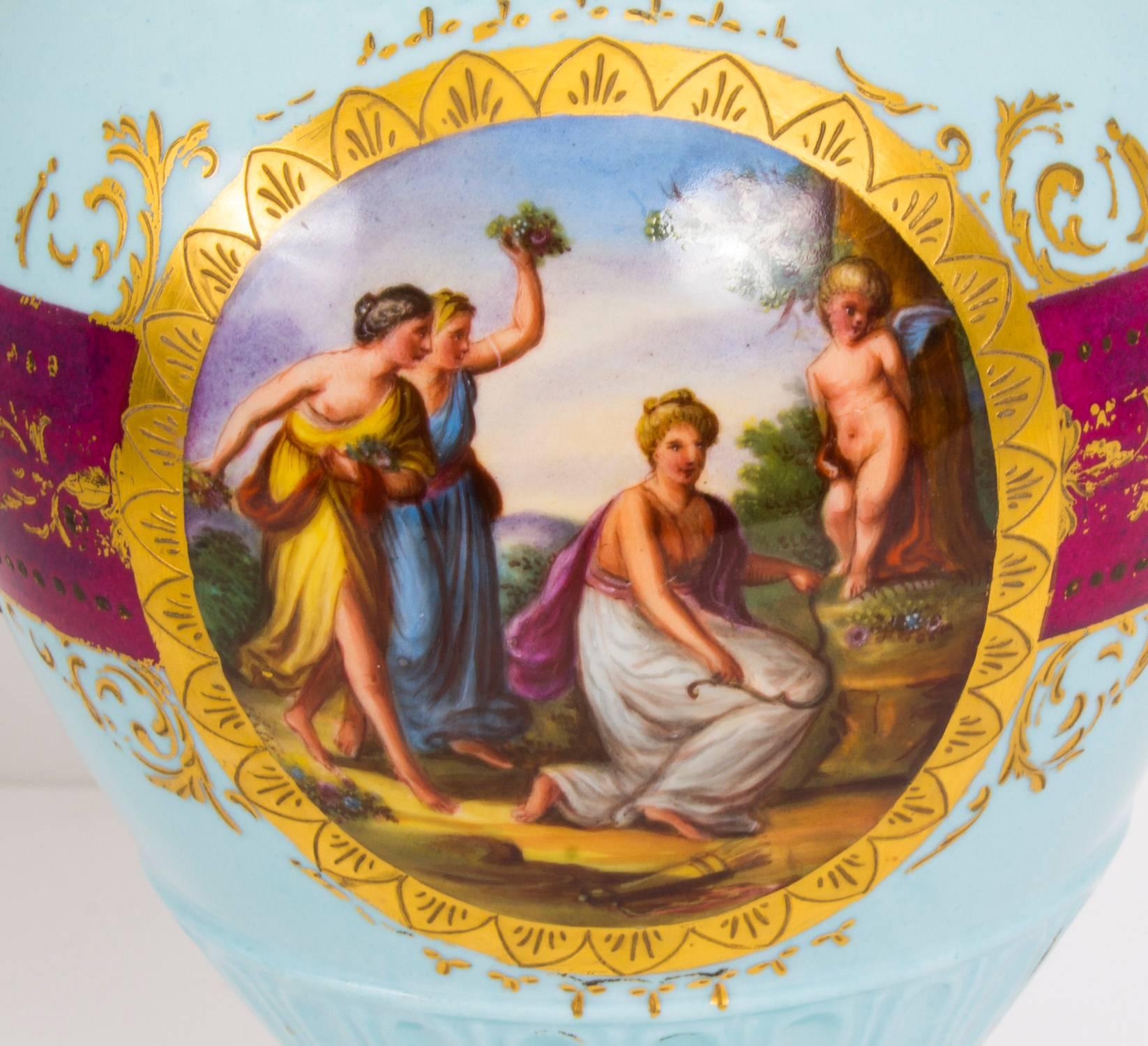19th Century Pair of Vienna Porcelain Bleu Celeste Twin Handled Vases 2