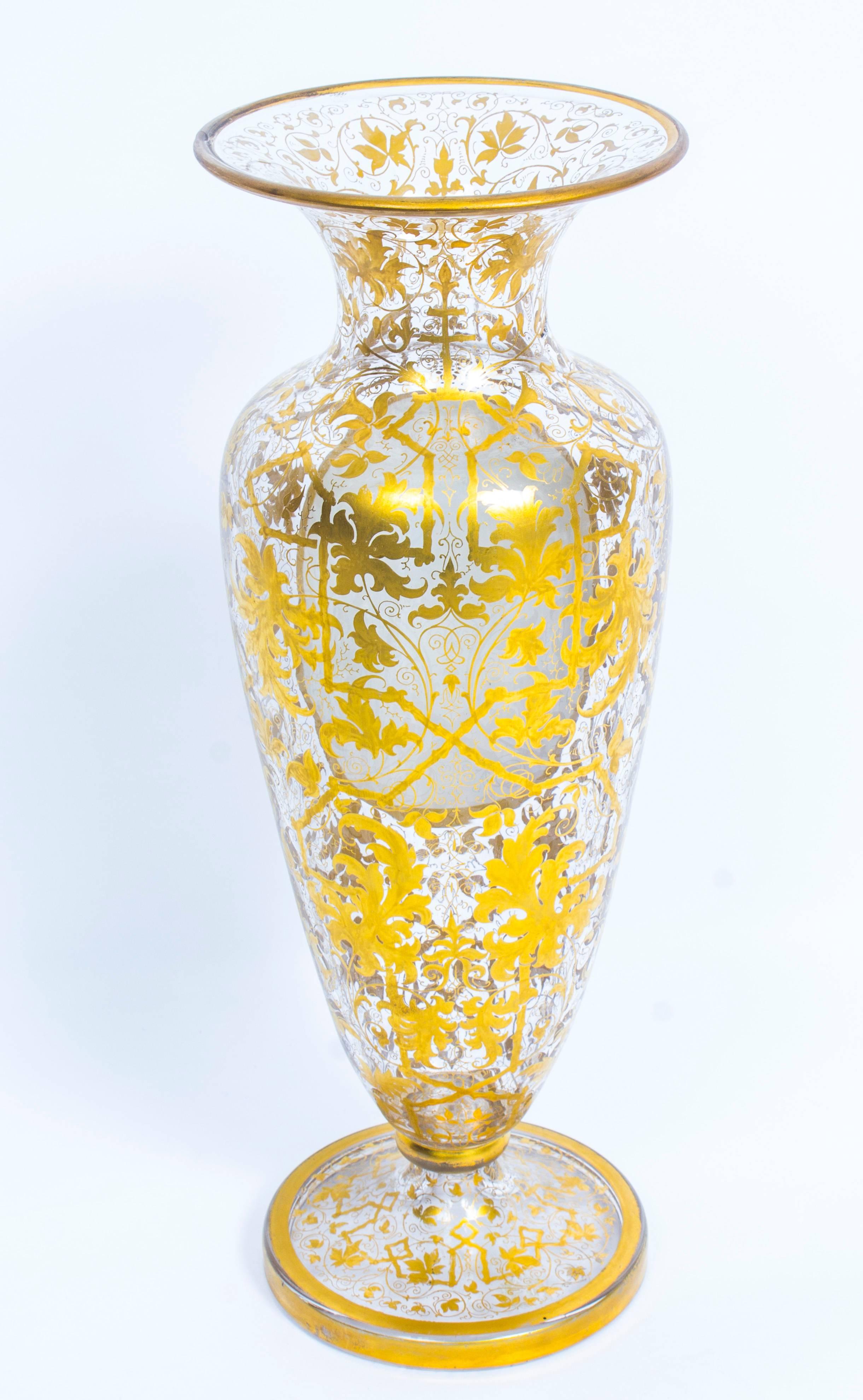 Pair of Bohemian Opaline Flashed Gilded Crystal Portrait Vases, 19th Century 1