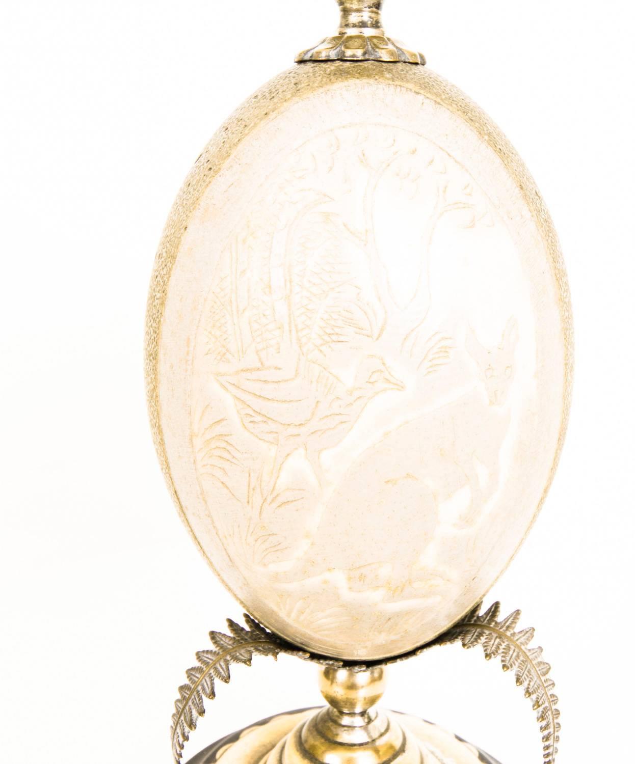 Mid-19th Century Antique Pair Australian Cameo Carved Emu Eggs on Stands, 19th Century