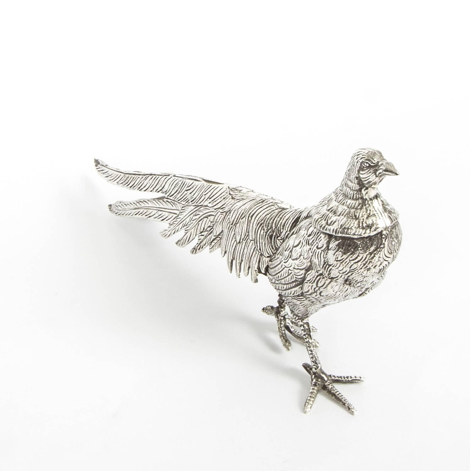 Early 20th Century Pair of Silver Plate Bronze Table Pheasants 5