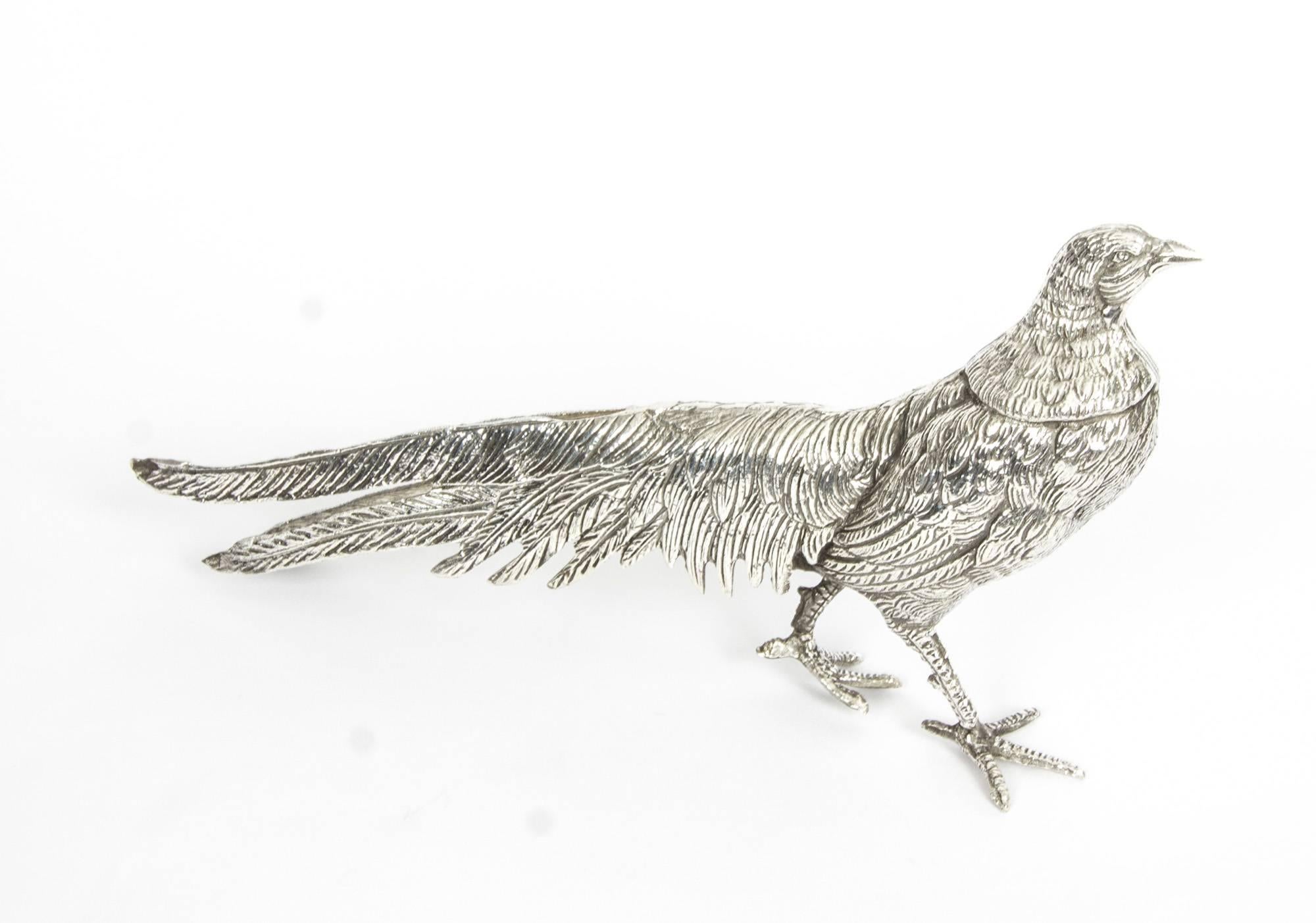 Early 20th Century Pair of Silver Plate Bronze Table Pheasants 2