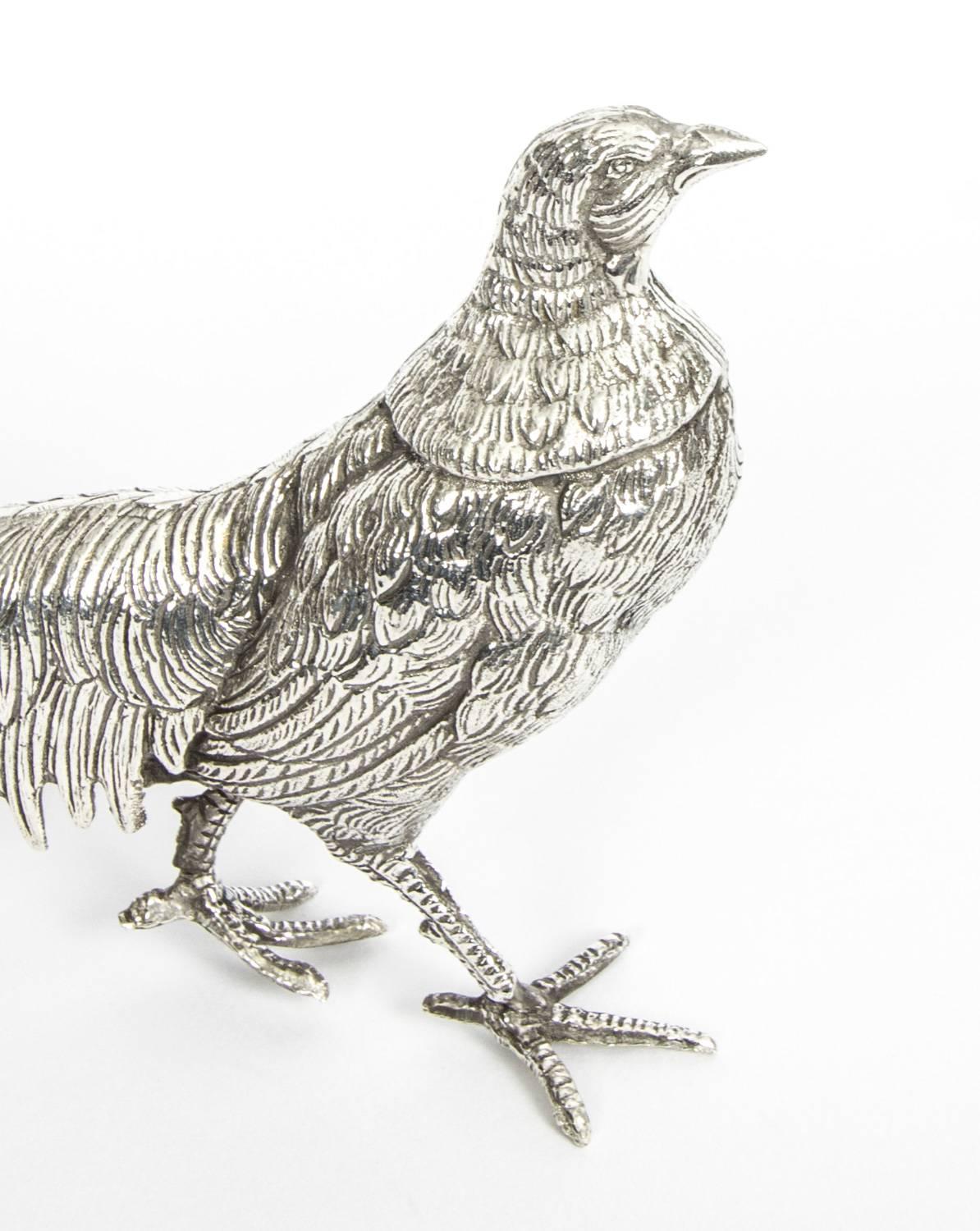 Early 20th Century Pair of Silver Plate Bronze Table Pheasants 3