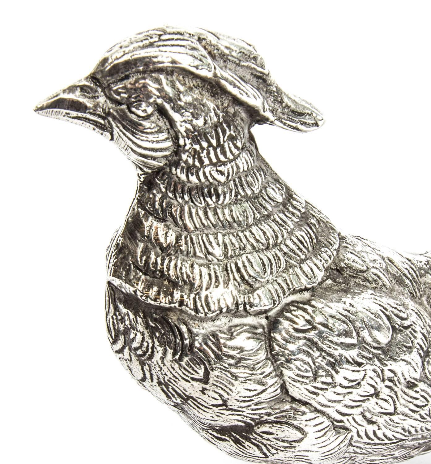 Early 20th Century Pair of Silver Plate Bronze Table Pheasants In Excellent Condition In London, GB