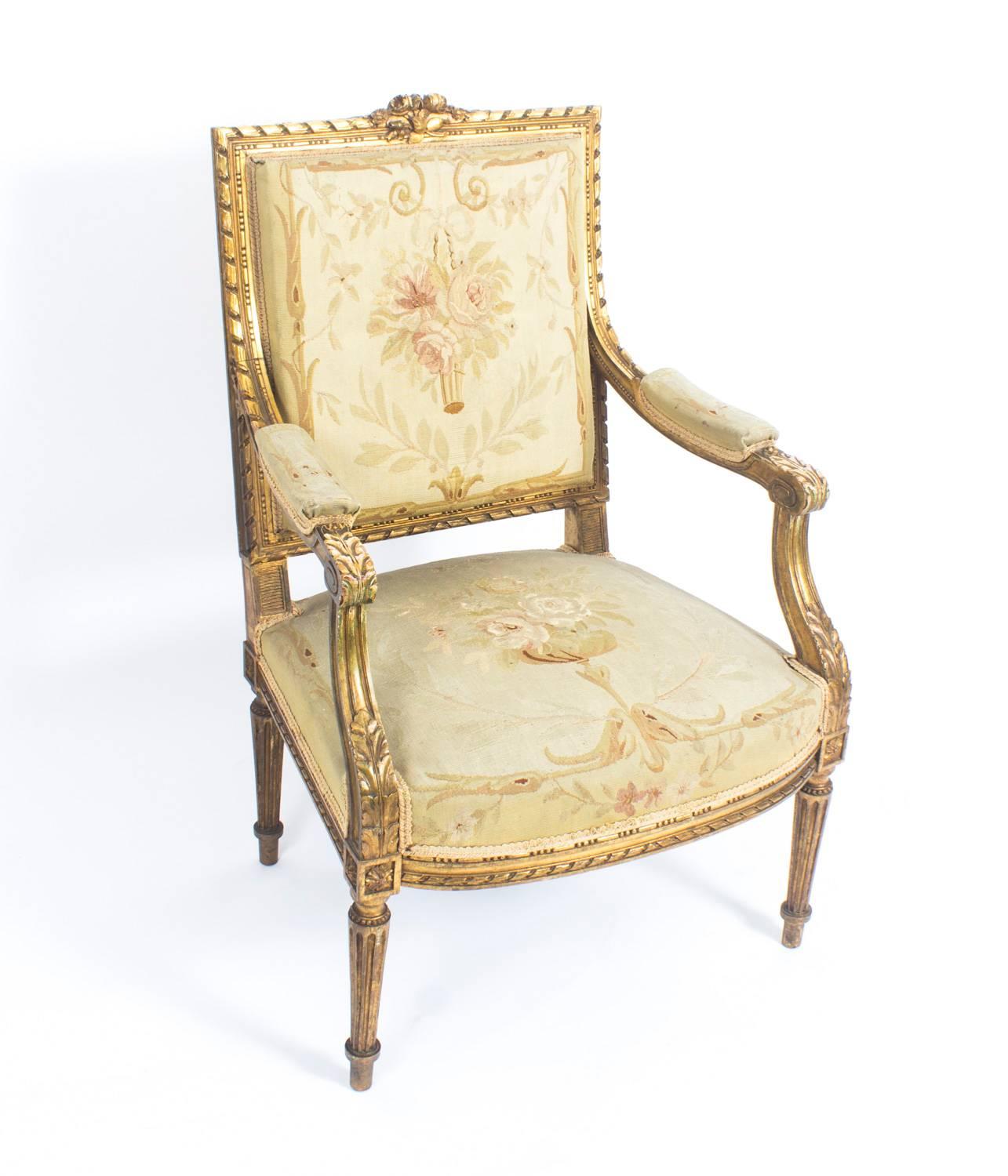 Late 19th Century Antique Set of Four Louis XVI Revival Giltwood Armchairs Late 19 Century