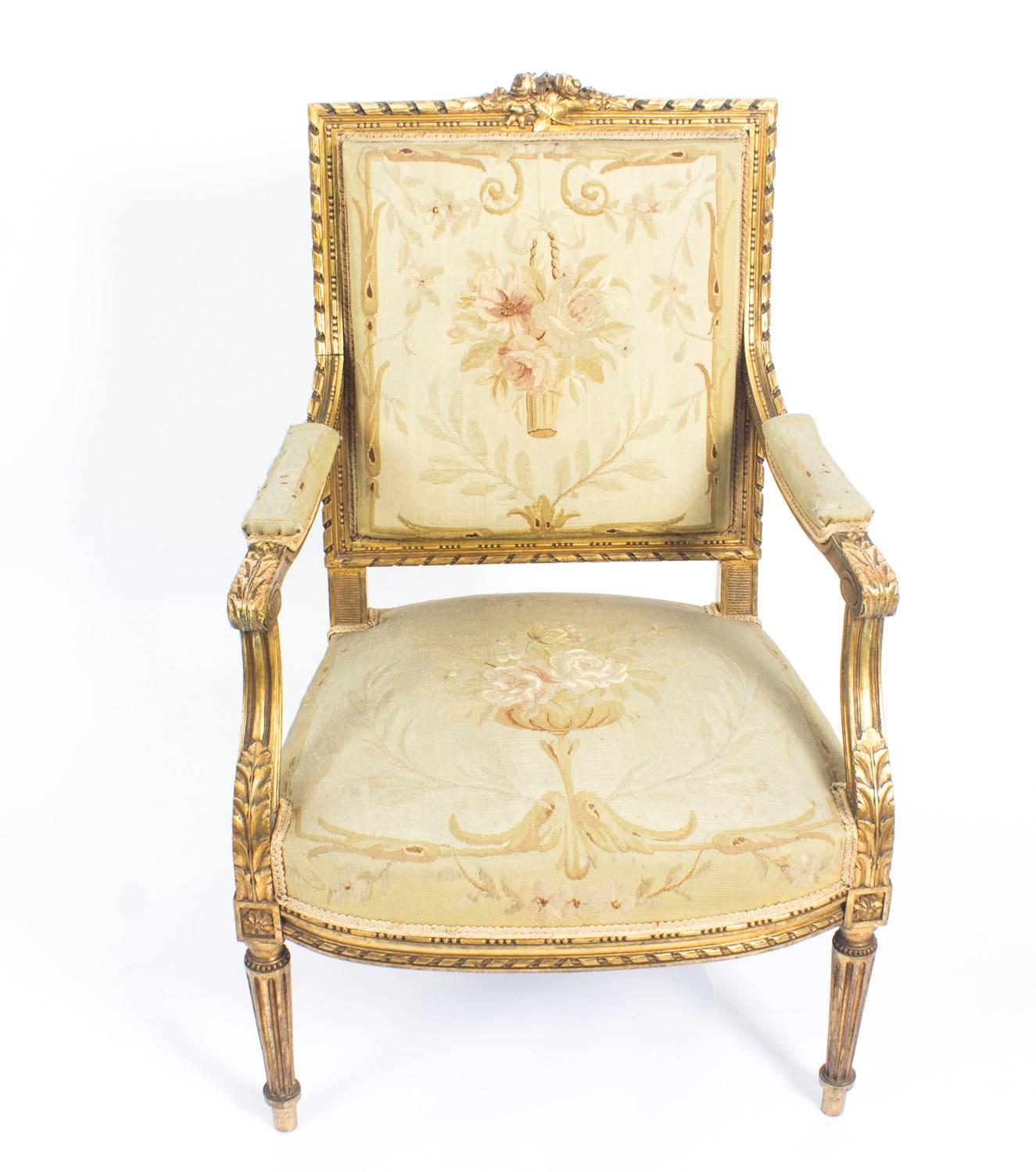 Tapestry Antique Set of Four Louis XVI Revival Giltwood Armchairs Late 19 Century