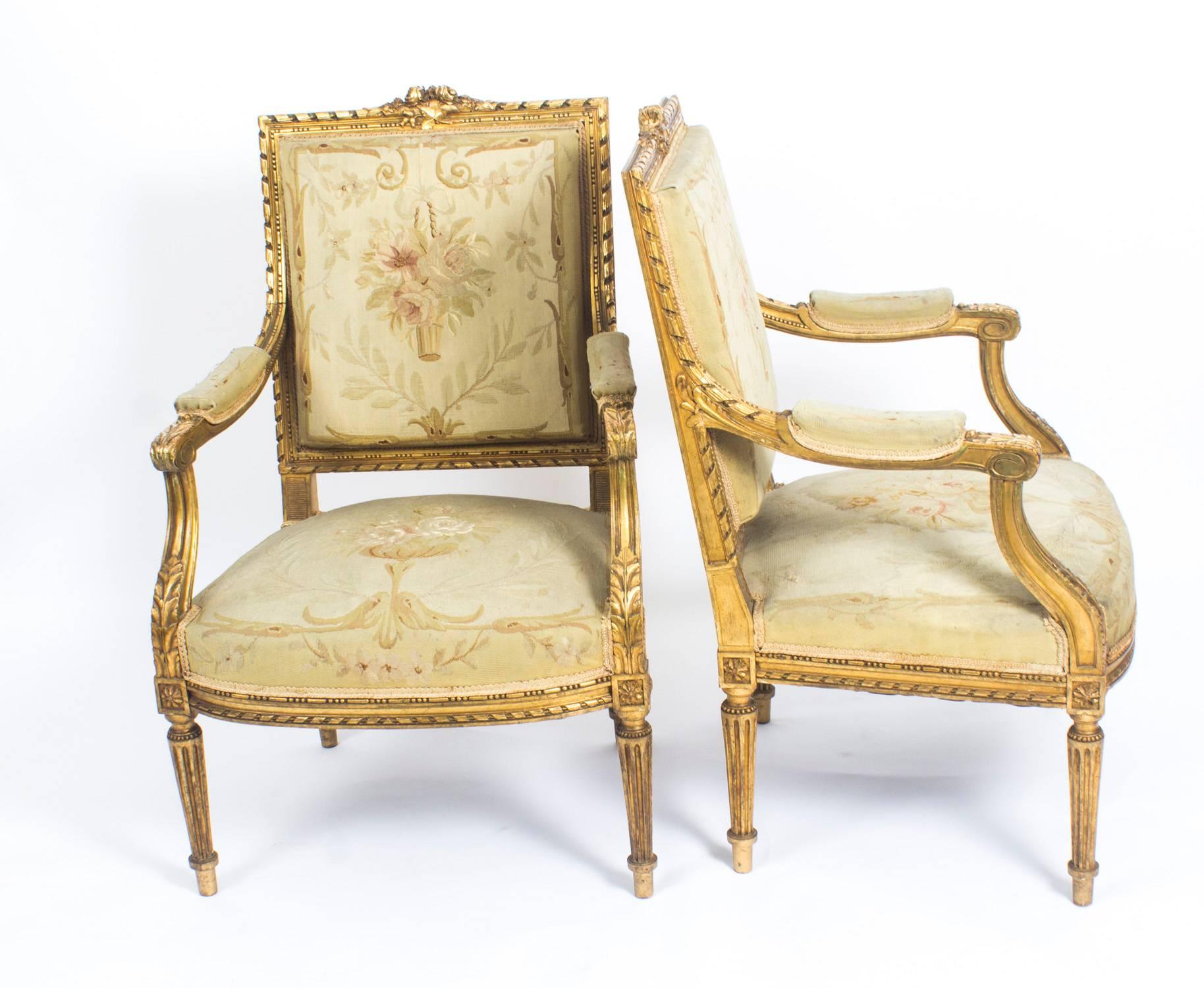 This is a beautiful antique set of four Louis XVI style giltwood fauteiuls or open armchairs, circa 1880 in date.   

The original giltwoood is beautiful in colour, each chair features a floral carved crested toprail with acanthus clasped arm padded