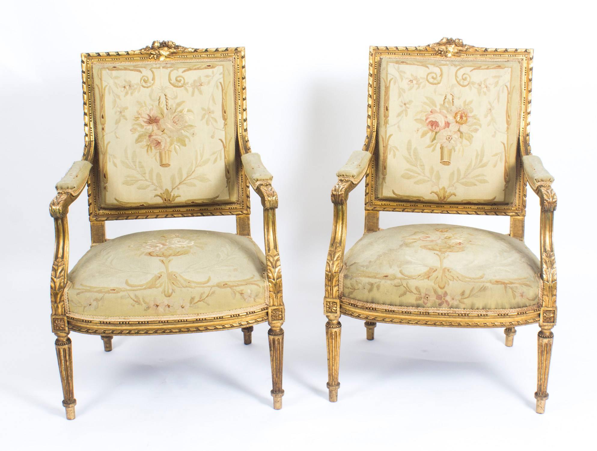 Antique Set of Four Louis XVI Revival Giltwood Armchairs Late 19 Century In Excellent Condition In London, GB