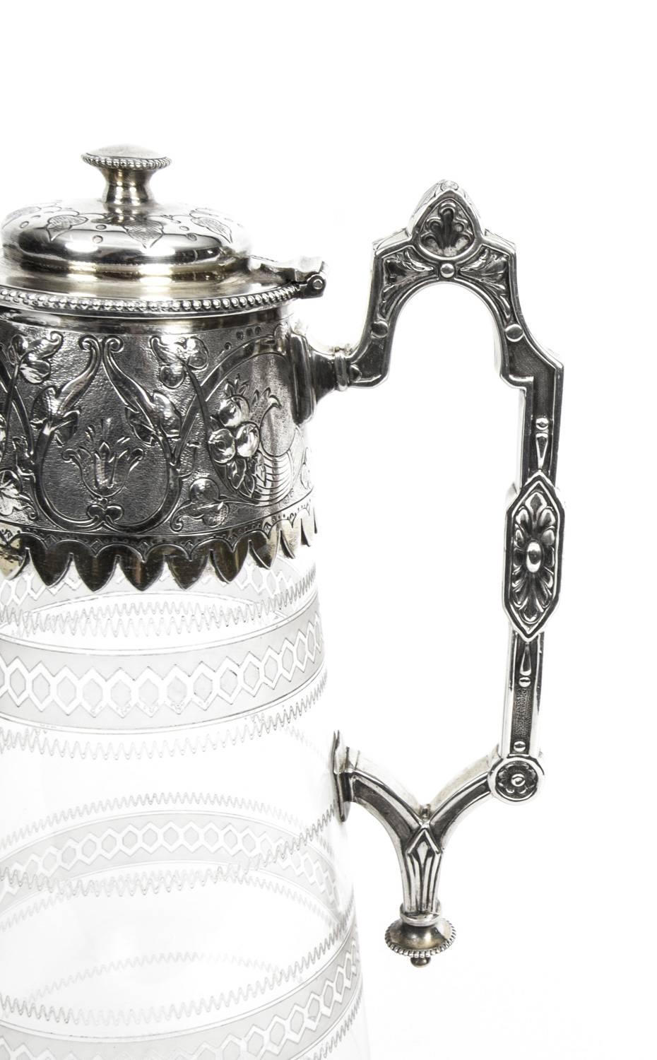 Antique Victorian Silver Plate and Crystal Claret Jug Elkington, 19th Century In Excellent Condition In London, GB