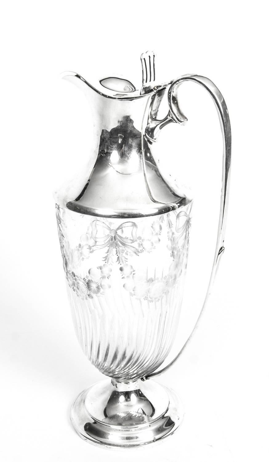 Sterling Silver Antique Victorian Silver & Engraved Crystal Claret Jug William Hutton, 1893