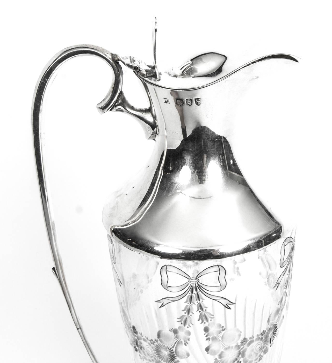 Late 19th Century Antique Victorian Silver & Engraved Crystal Claret Jug William Hutton, 1893