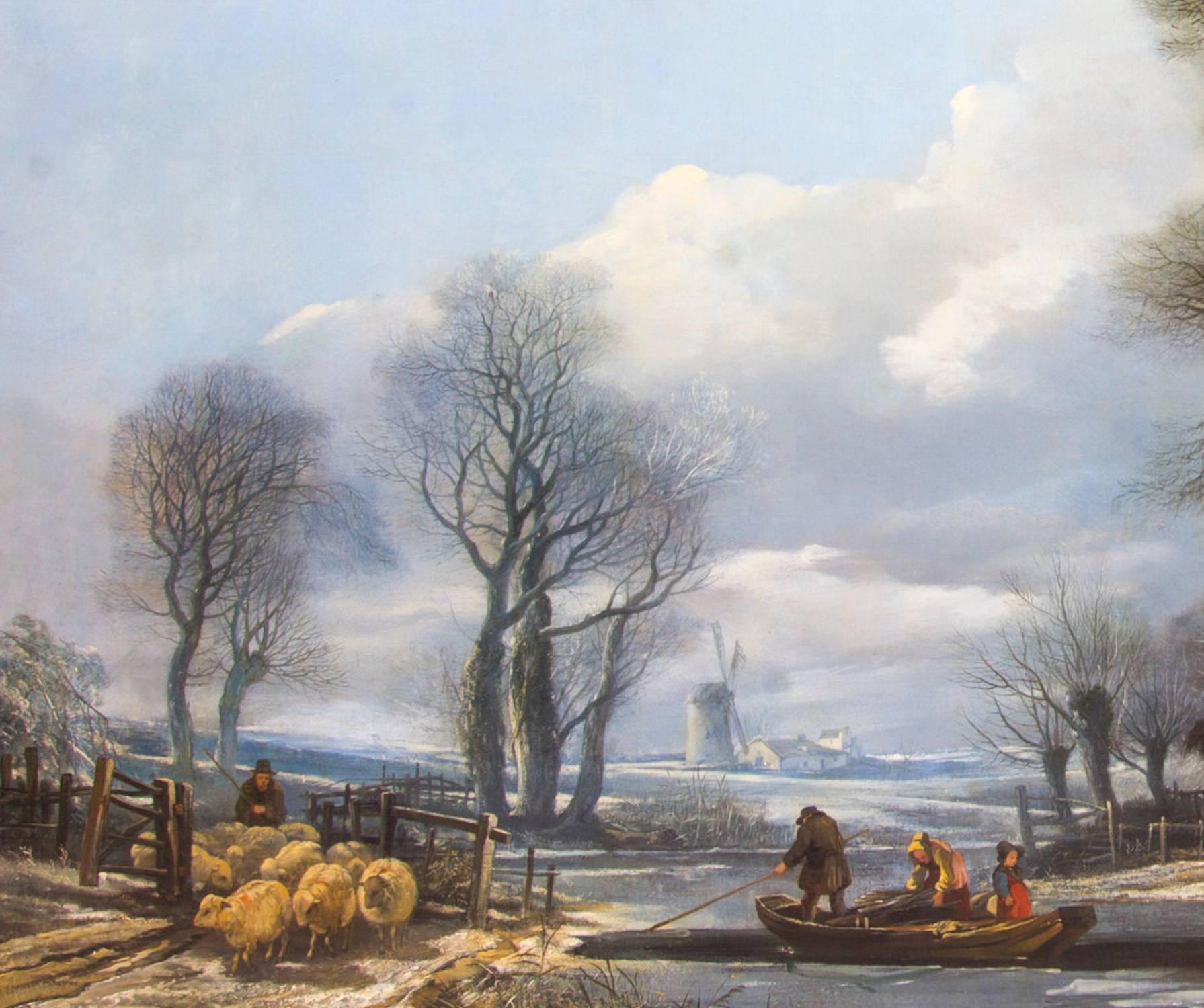 Antique Large Painting Ferry Crossing in a Winter Landscape by H.Muller, 1838 In Excellent Condition In London, GB