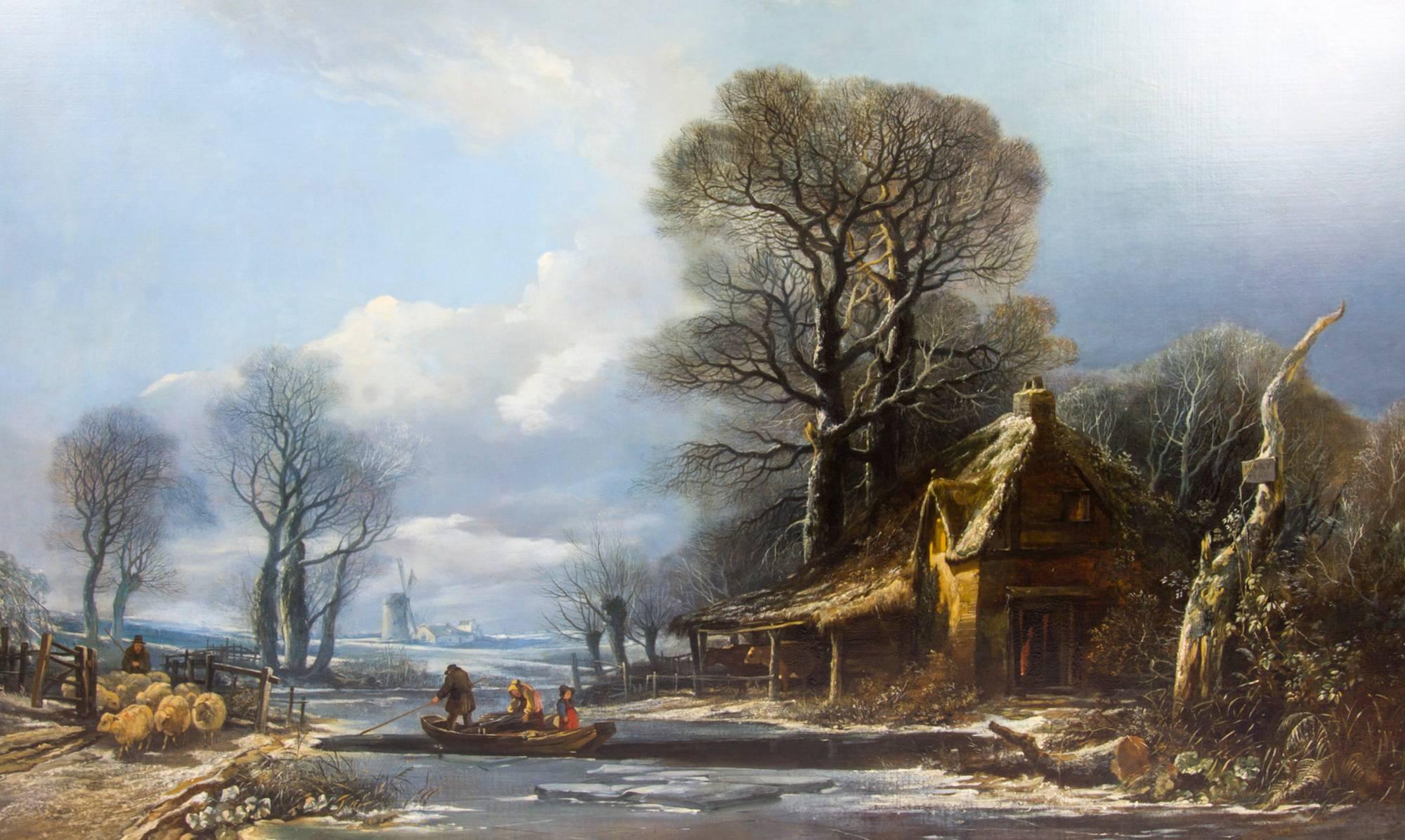 This is a beautiful large antique oil on canvas painting of Ferry crossing in a winter landscape, signed and dated H Muller 1838, lower left.

This painting features a rural landscape with figures in a rowing boat crossing a river and sheep being