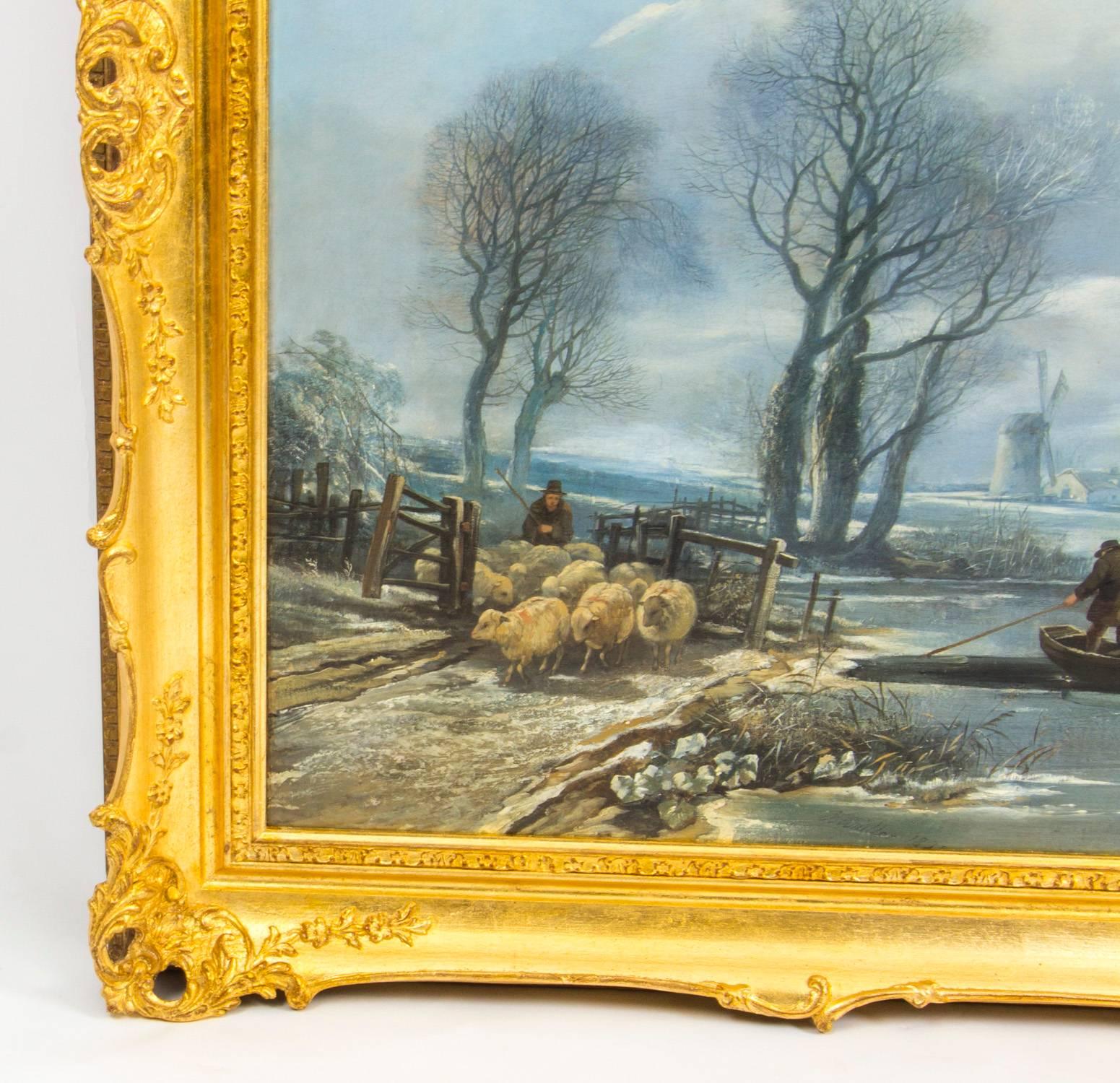 Antique Large Painting Ferry Crossing in a Winter Landscape by H.Muller, 1838 2