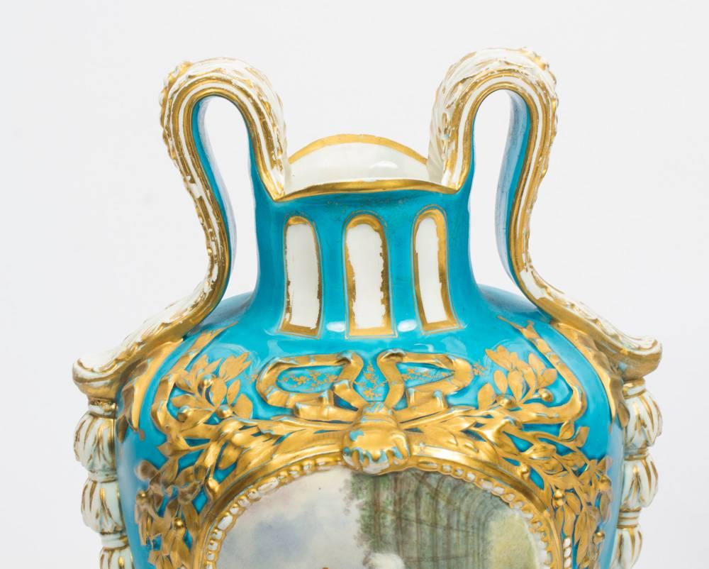 Antique Pair Large French Bleu Celeste Sevres Vases 18th Century at