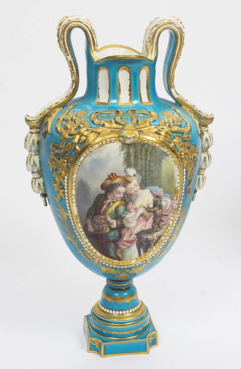 Antique Pair Large French Bleu Celeste Sevres Vases 18th Century at 1stDibs